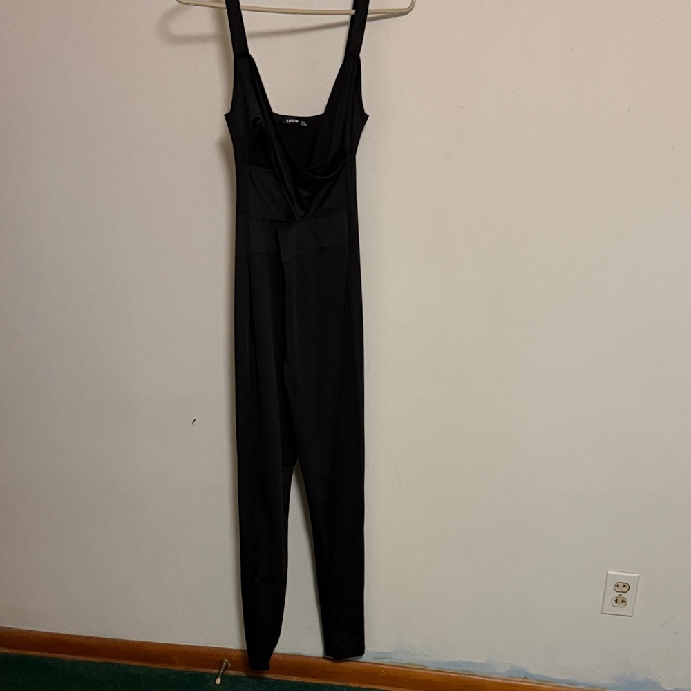 SHEIN Black Draped-Neck Slim Leg Jumpsuit